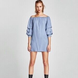 ZARA Denim off shoulder pleated sleeves Mini Dress. Size Small
